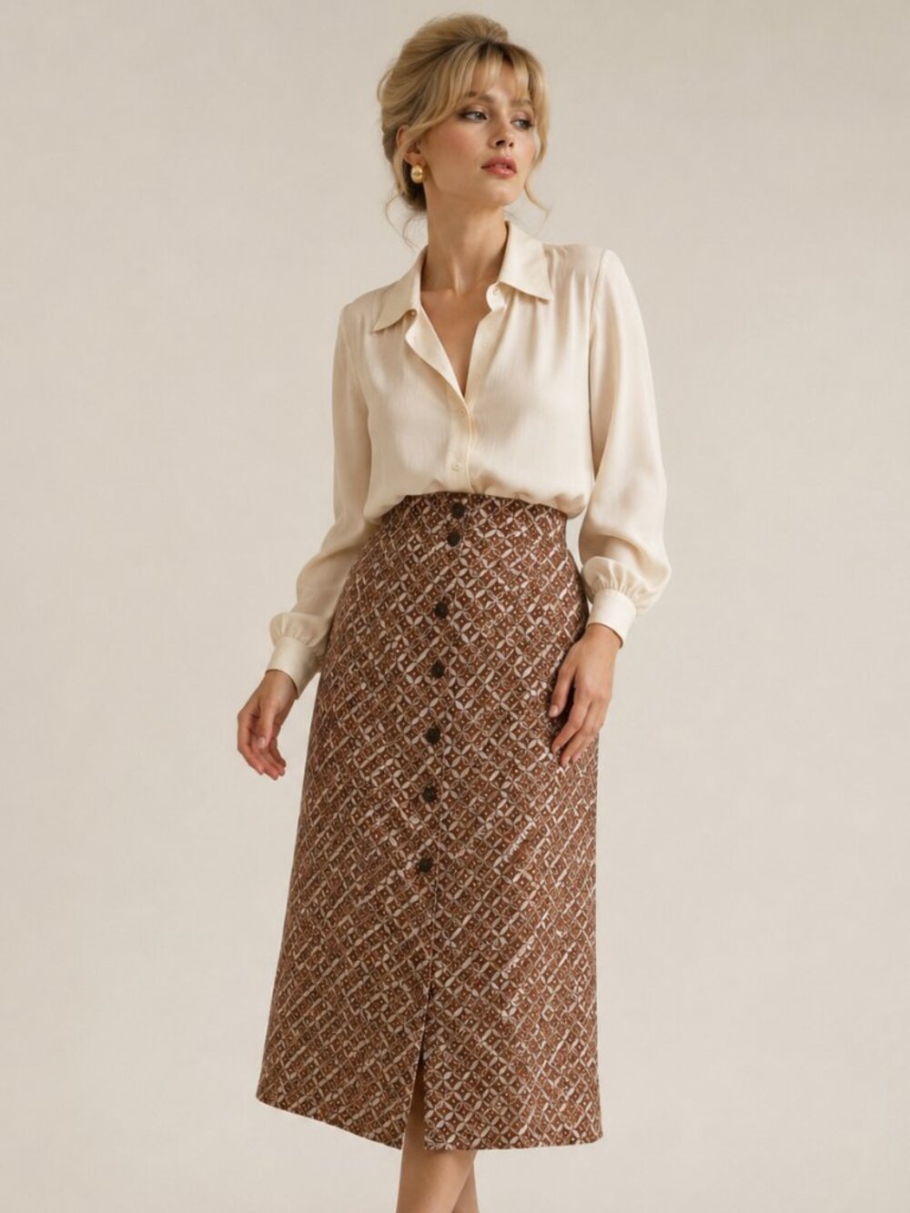 Vintage-Inspired Brown Geometric Button Front Midi Skirt